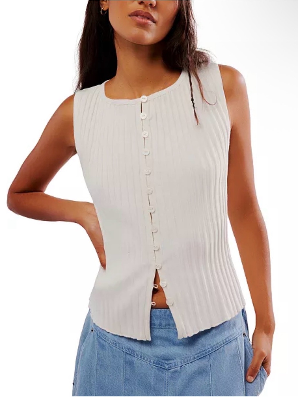 Free People Cream Ribbed Button-Front Tank